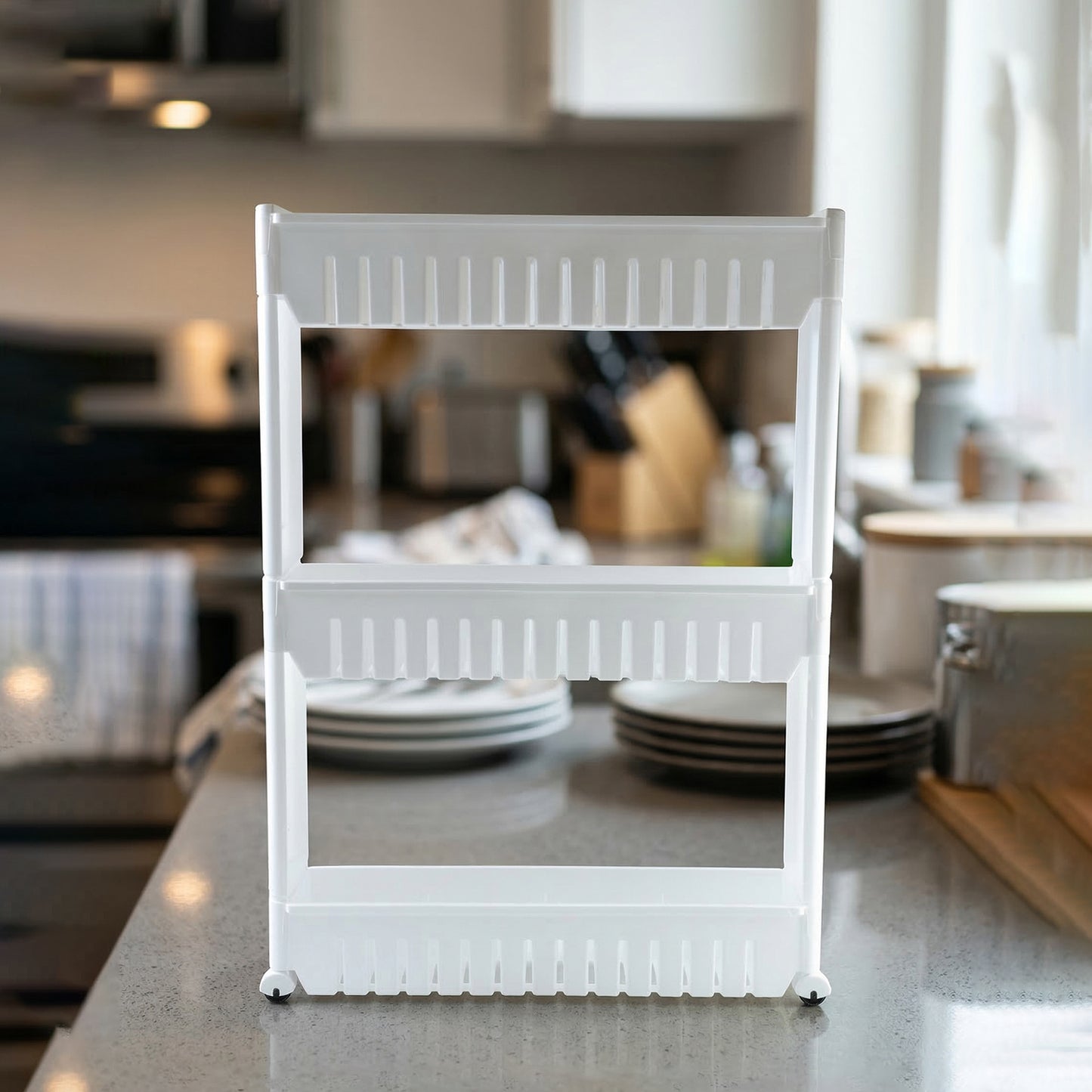 Wukusy Prexo multipurpose 3-layer kitchen storage rack organizer with metal shelves and side hooks for countertop or pantry use.