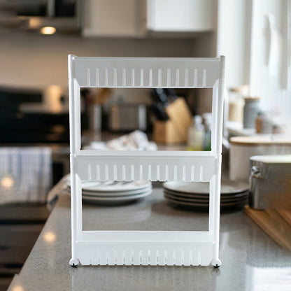 Wukusy Prexo multipurpose 3-layer kitchen storage rack organizer with metal shelves and side hooks for countertop or pantry use.