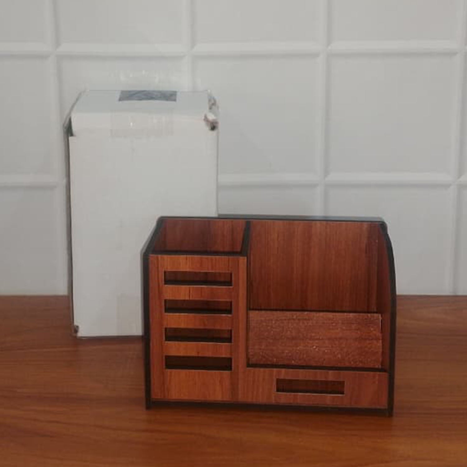 Wukusy premium wooden desk organizer with phone stand, pen holder, and card holder on a clean workspace.