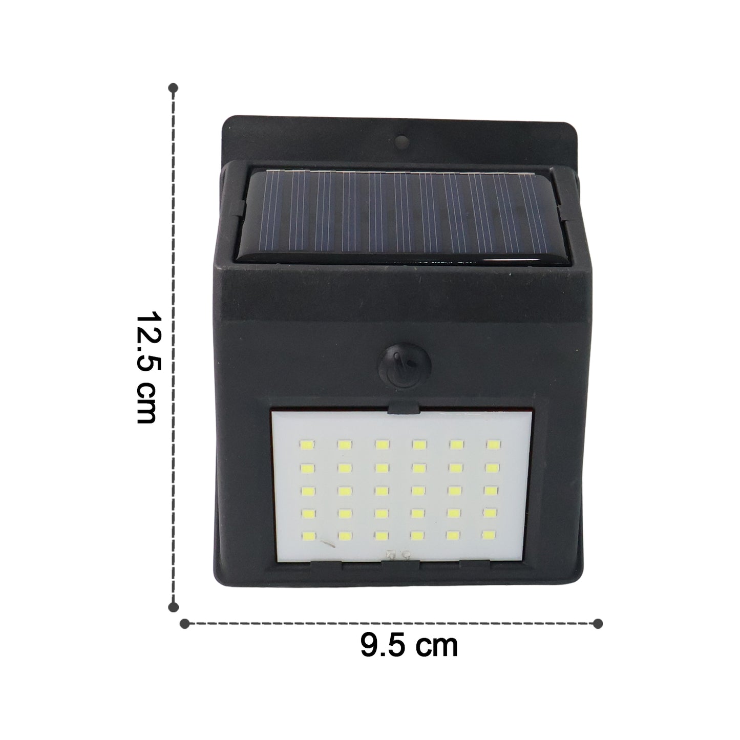 Wukusy solar-powered LED garden wall light attached to outdoor wall, illuminating garden area at night.