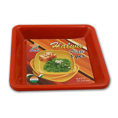 Set of three Wukusy square plastic halwa dinner plates for snacks, breakfast, and serving in home, restaurant, or kitchen settings.