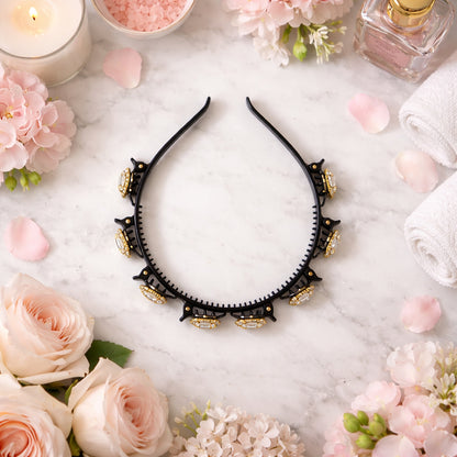 Wukusy premium crystal studded designer hairband for women and girls, featuring sparkling crystals and elegant design.