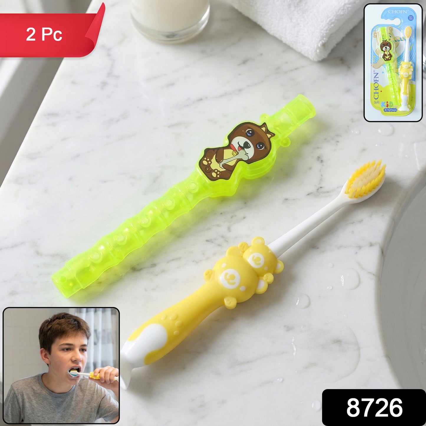 Kids cartoon design toothbrush set with musical whistle, includes two colorful toothbrushes for children by Wukusy.