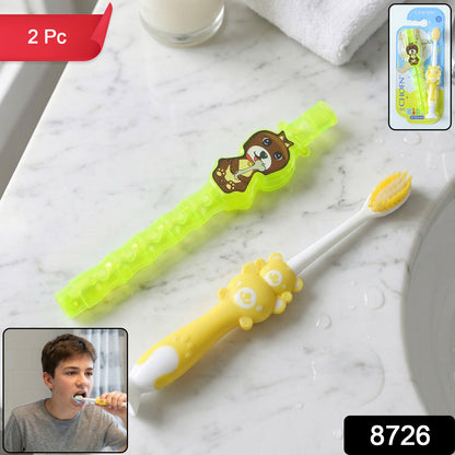 Kids cartoon design toothbrush set with musical whistle, includes two colorful toothbrushes for children by Wukusy.