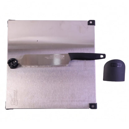 Wukusy stainless steel 2-in-1 cut and chop board with knife and sharpener, featuring a sleek design and durable construction.