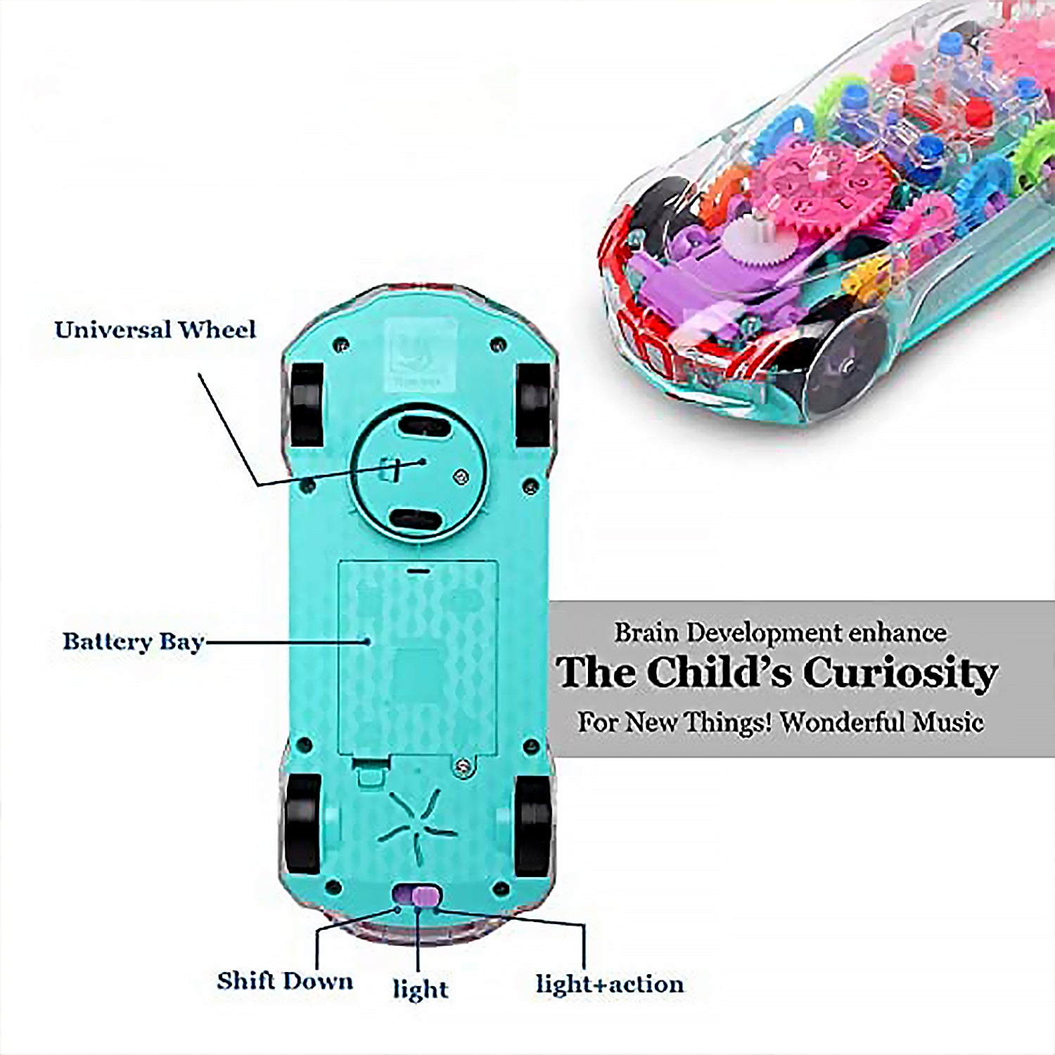Wukusy 17793 automatic 360° rotating transparent gear concept car with colorful lights, musical features, for kids and children.