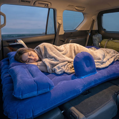 Wukusy portable dark blue car air mattress bed set with pump, pillows, and inflatable design for comfortable travel rest.