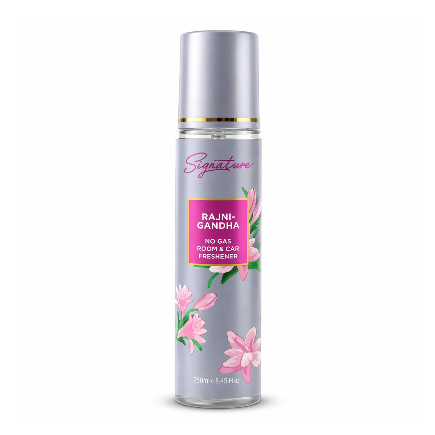 Wukusy Signature Rajnigandha room and car freshener spray in a 250ml bottle with a sleek design and floral fragrance.