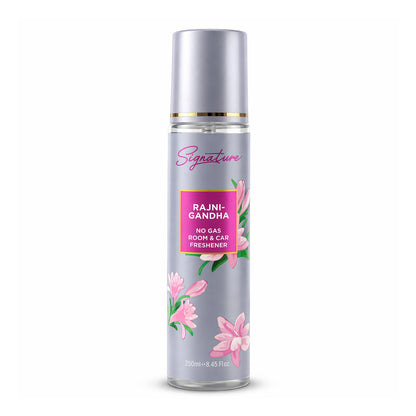 Wukusy Signature Rajnigandha room and car freshener spray in a 250ml bottle with a sleek design and floral fragrance.