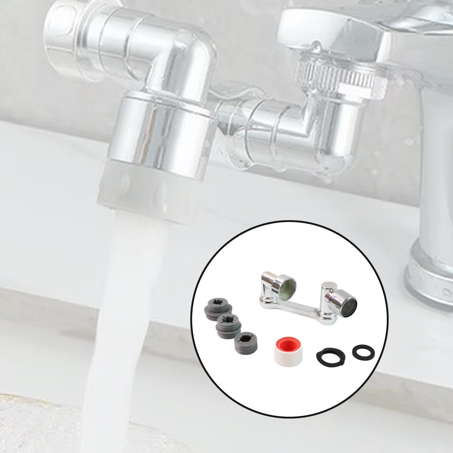 Wukusy universal rotating faucet splash head set with adjustable nozzles, designed for easy water flow control and splash reduction.