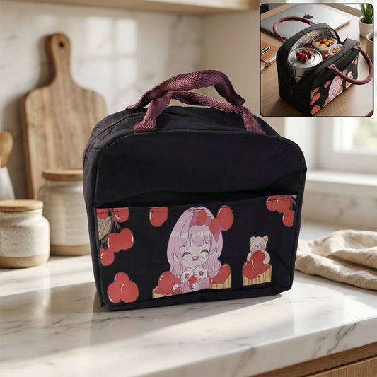 Wukusy insulated lunch bag with a cute cartoon design, featuring colorful characters and a spacious main compartment.