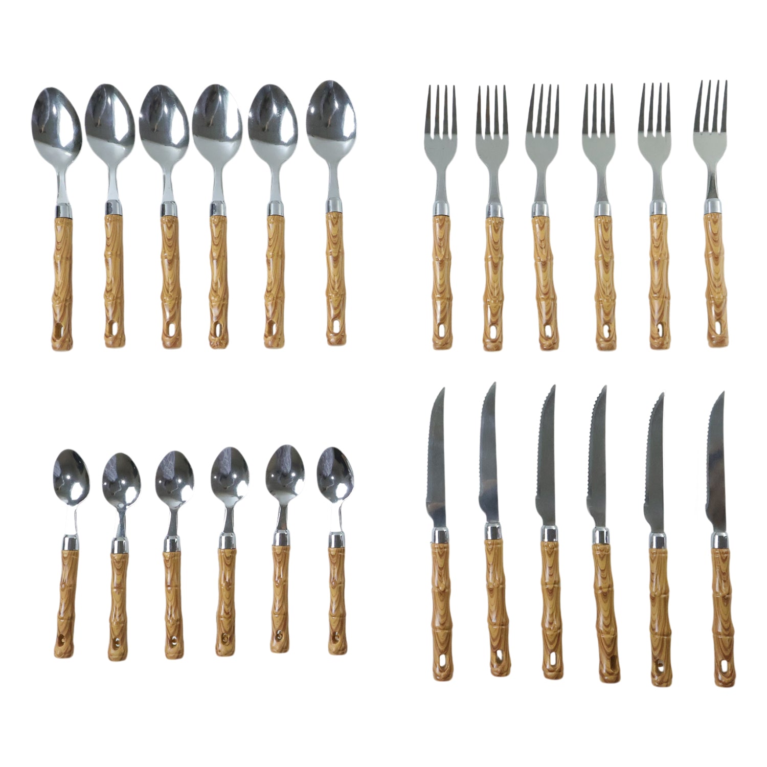 Wukusy 24-piece stainless steel cutlery set with wooden finish handles, including forks, knives, spoons, and serving utensils.