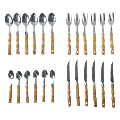 Wukusy 24-piece stainless steel cutlery set with wooden finish handles, including forks, knives, spoons, and serving utensils.