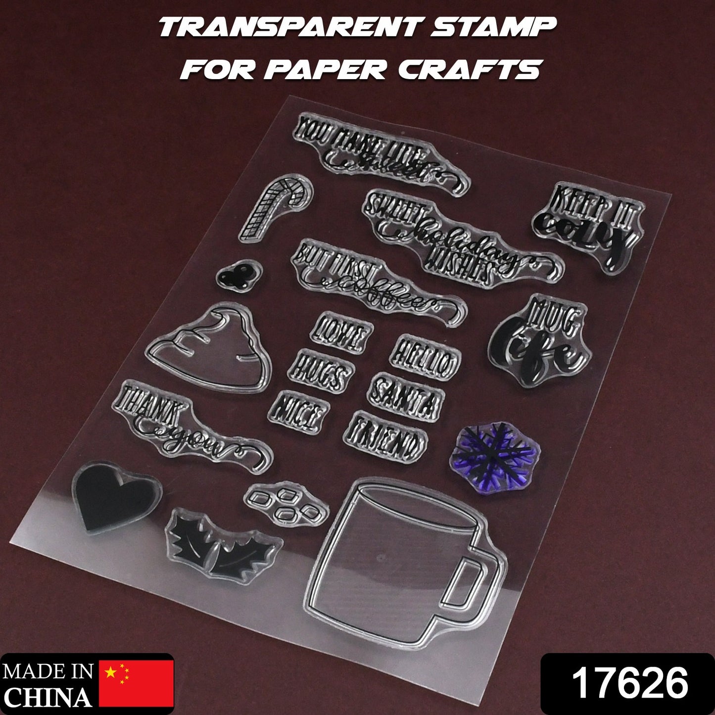 Wukusy reusable rubber TPR stamp set with mixed designs for DIY crafts, envelopes, diaries, and photo albums on transparent backing.