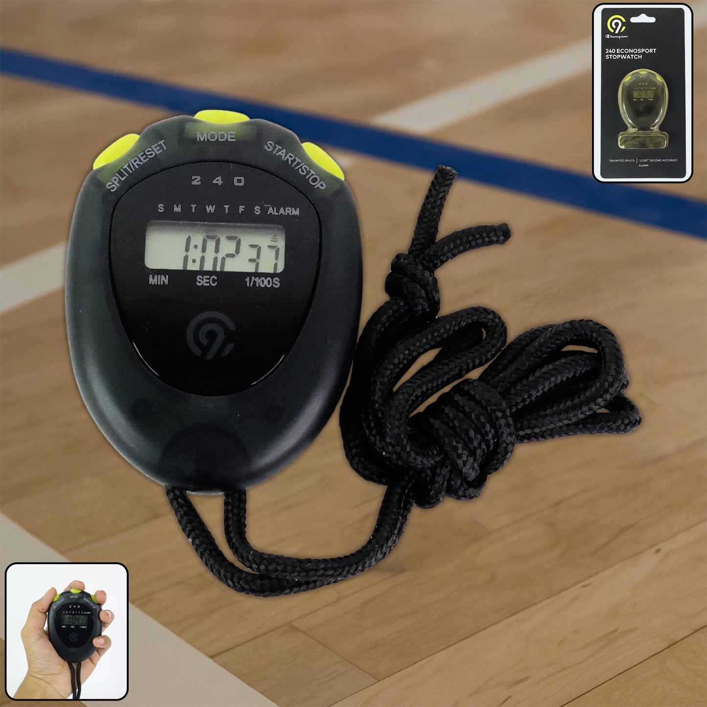 Wukusy digital sports stopwatch timer with split timing display, showing a large screen and control buttons on a black background.