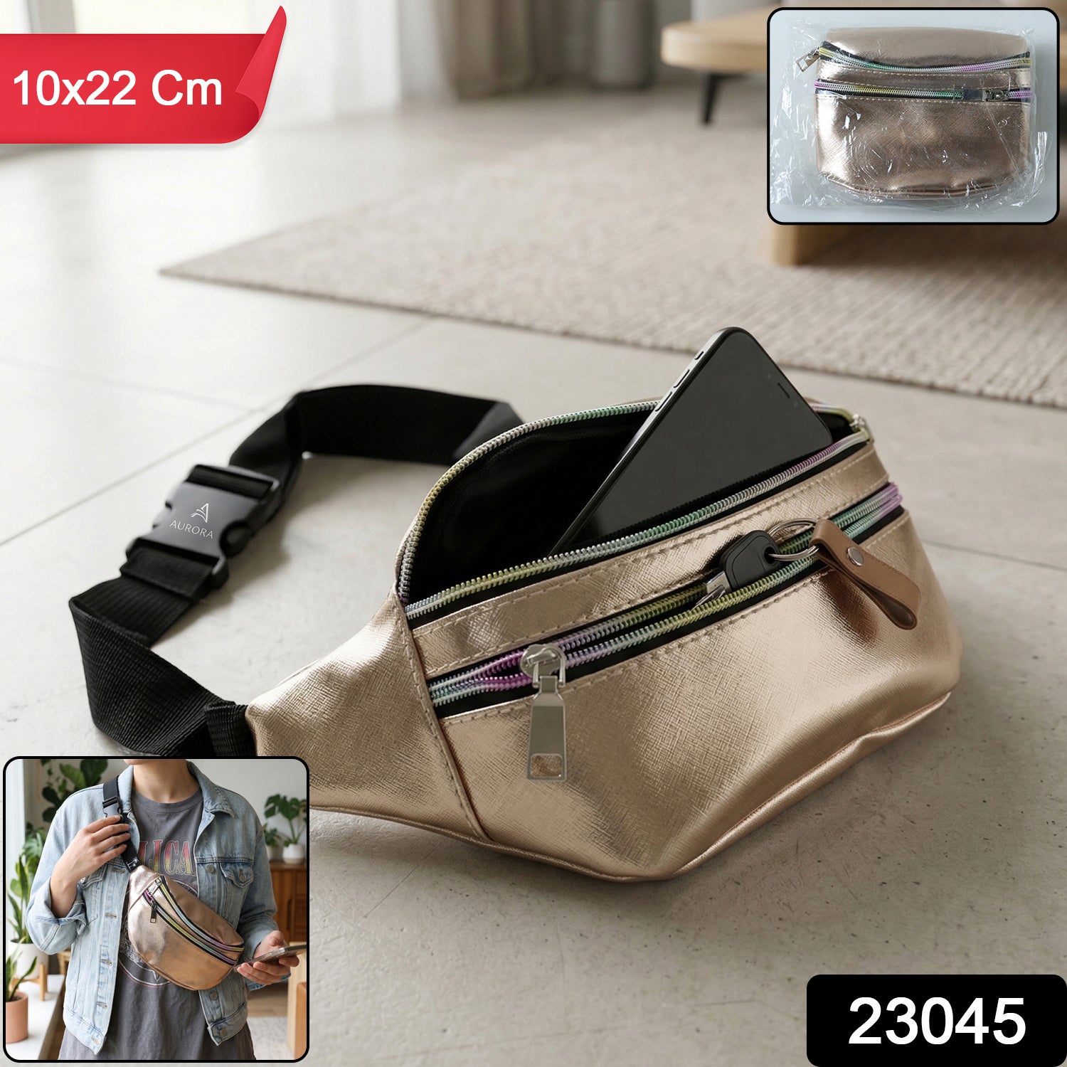 Wukusy premium waist bag with adjustable strap, measuring 10x22 cm, shown with front zipper and compact design