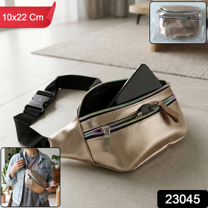Wukusy premium waist bag with adjustable strap, measuring 10x22 cm, shown with front zipper and compact design