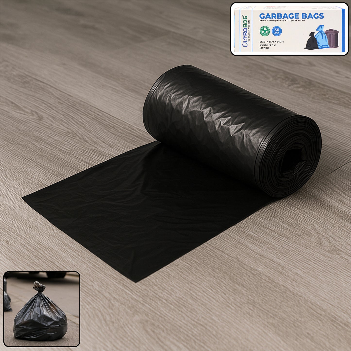 Wukusy extra-strong garbage bag roll, 48x54cm, durable waste disposal bag, shown rolled out in the image