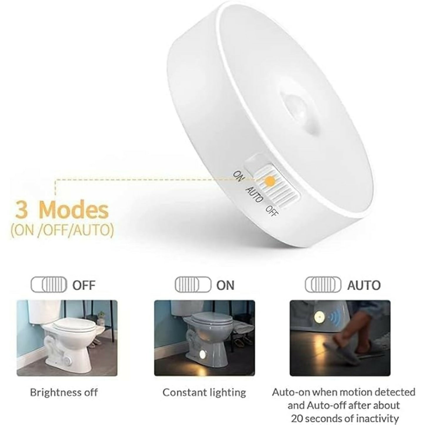 Wukusy rechargeable motion sensor LED night light with USB charging, showing compact design and sensor on the front.