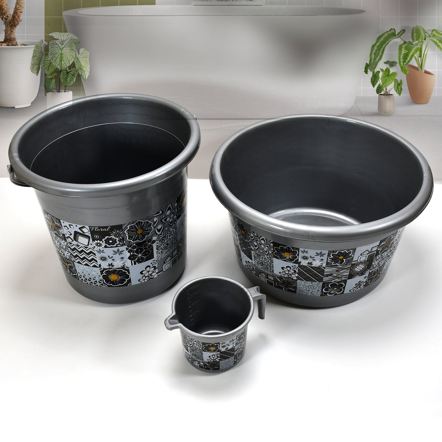 Wukusy 4050 large capacity plastic bathroom set with tub, bucket, dustbin, mug, soap case, dustpan, and stool for home improvement.