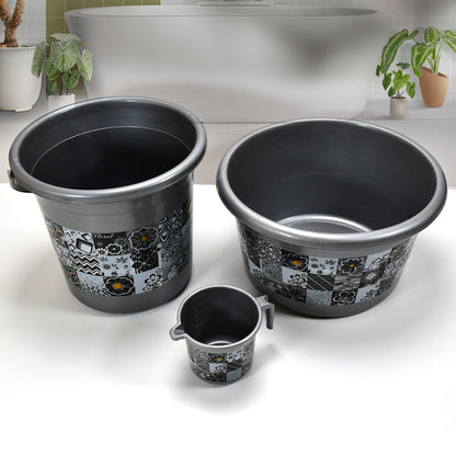 Wukusy 4050 large capacity plastic bathroom set with tub, bucket, dustbin, mug, soap case, dustpan, and stool for home improvement.