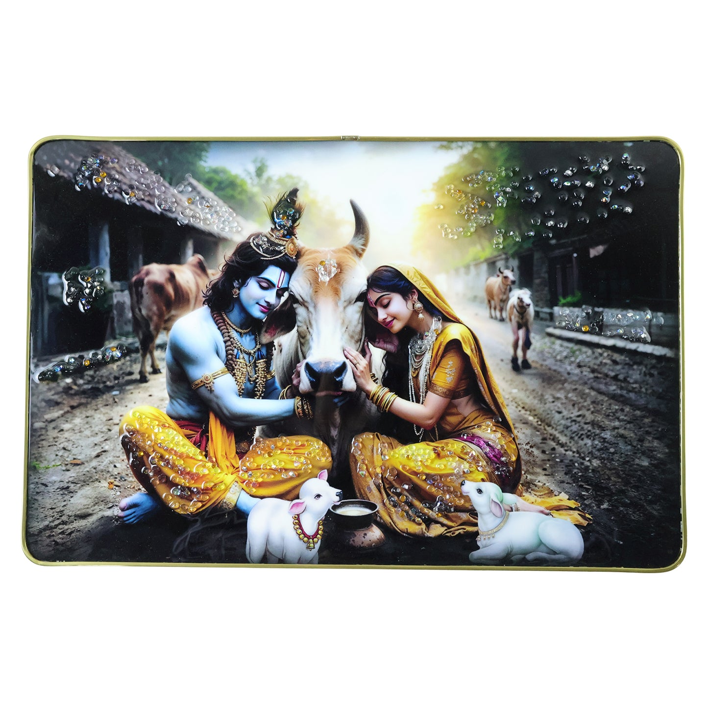 Wukusy Radha Krishna village scene wall art frame showing vibrant colors and detailed traditional Indian artwork, 45x30 cm size.