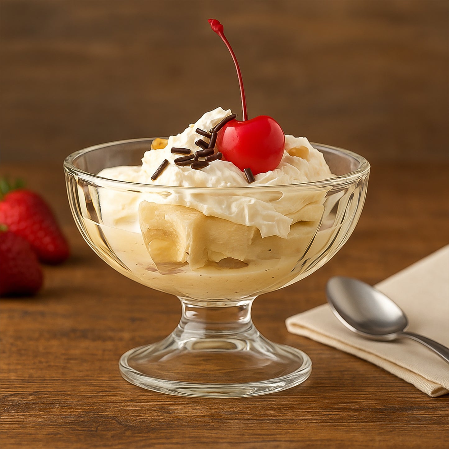 Set of six Wukusy premium glass ice cream dessert bowls, clear and elegant for serving treats in home and kitchen settings.