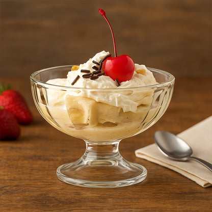 Set of six Wukusy premium glass ice cream dessert bowls, clear and elegant for serving treats in home and kitchen settings.