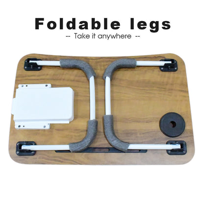 Wukusy multi-purpose laptop desk with foldable cupholder and drawer, plain design for studying or reading, compact and portable.