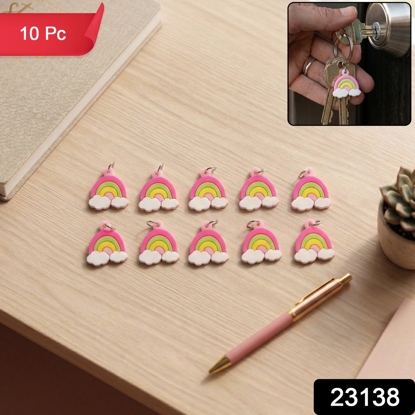 Set of 10 colorful rainbow cloud bag charm keychains by Wukusy, featuring cute cloud and rainbow designs for accessories.