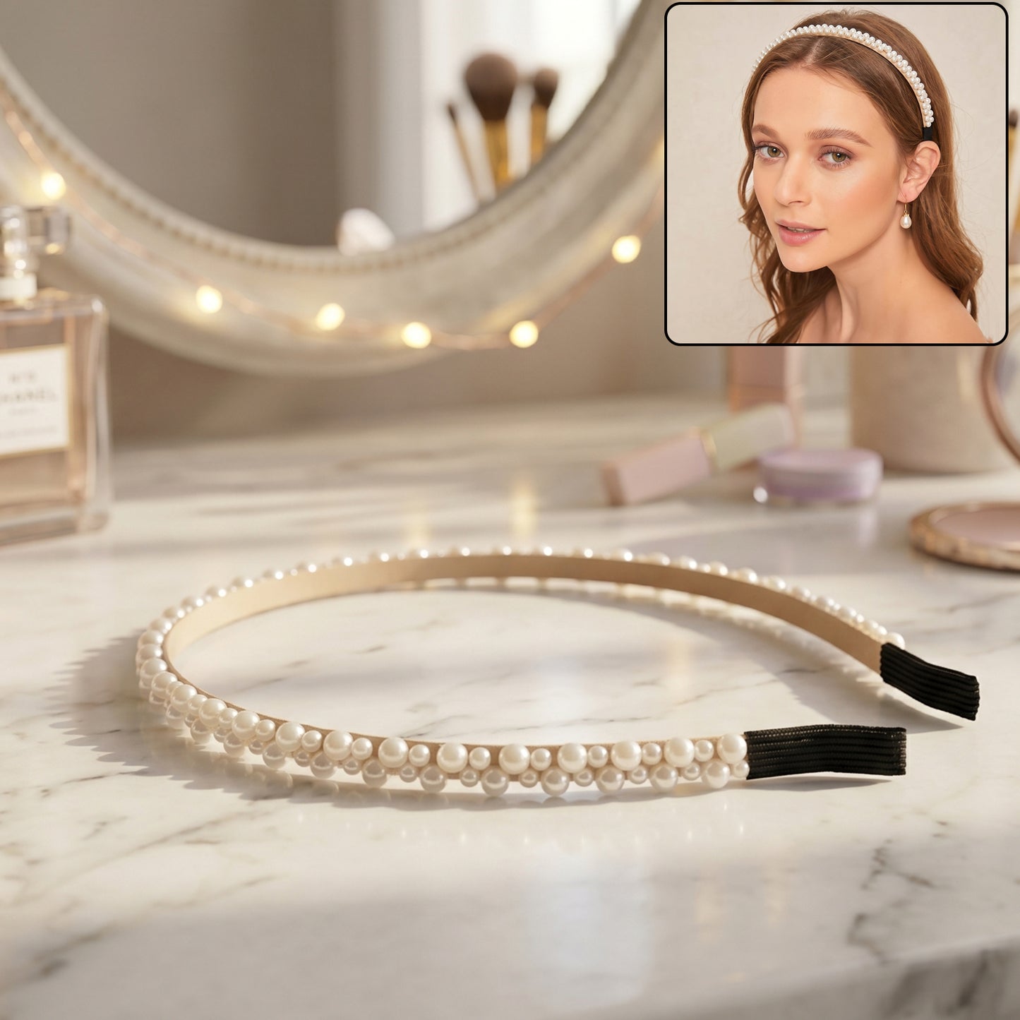 Elegant double layer pearl hairband by Wukusy, stylish headband for girls with pearl accents, shown on a model.