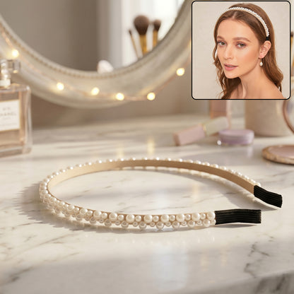 Elegant double layer pearl hairband by Wukusy, stylish headband for girls with pearl accents, shown on a model.
