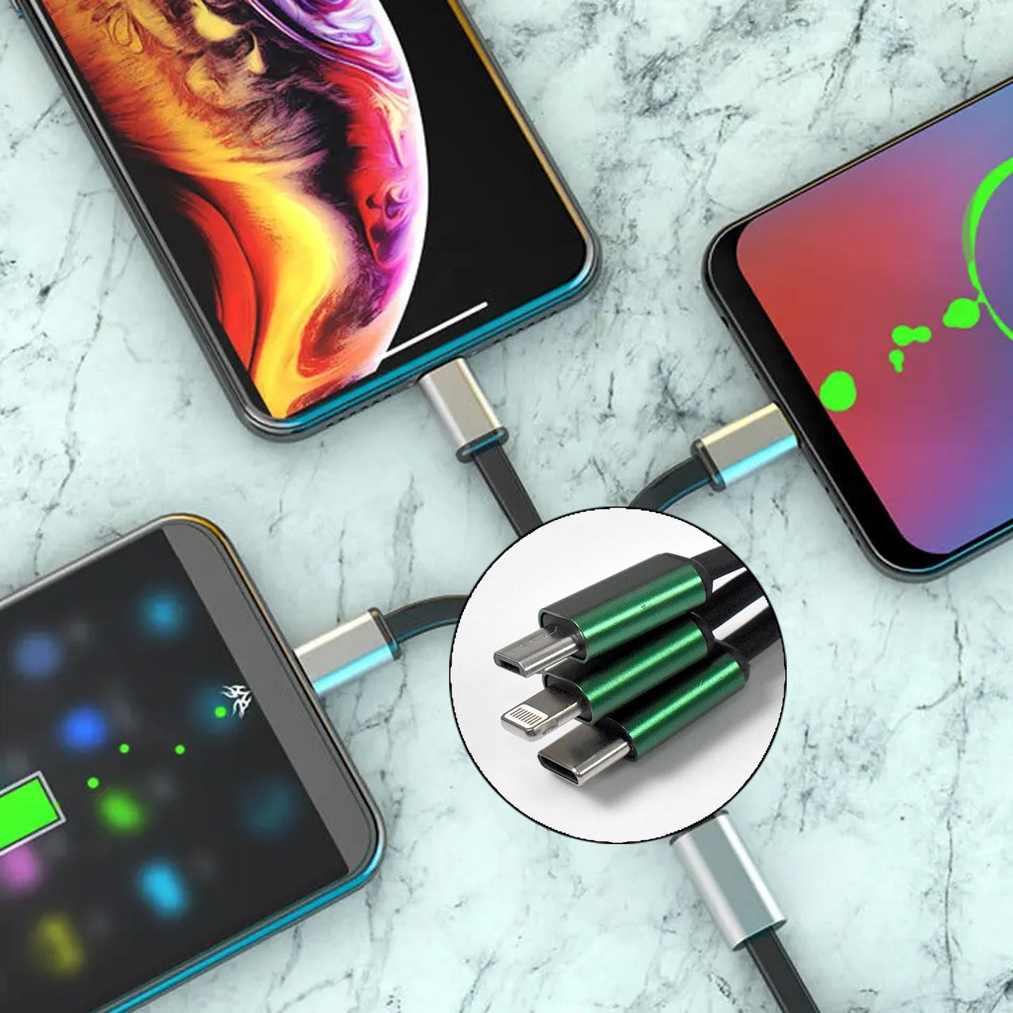 Wukusy 3-in-1 extendable charging and data transfer cable for mobile devices, featuring multiple connector types in a compact design.