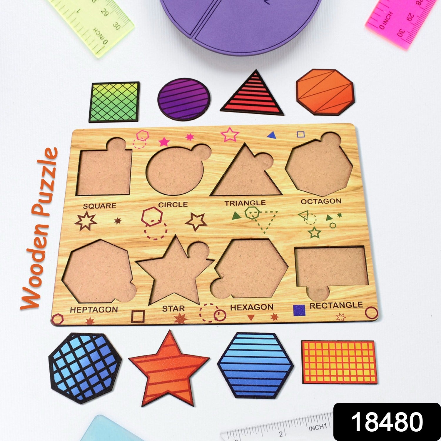 Wukusy wooden triangles puzzle toy with colorful interlocking pieces on educational learning board for children.