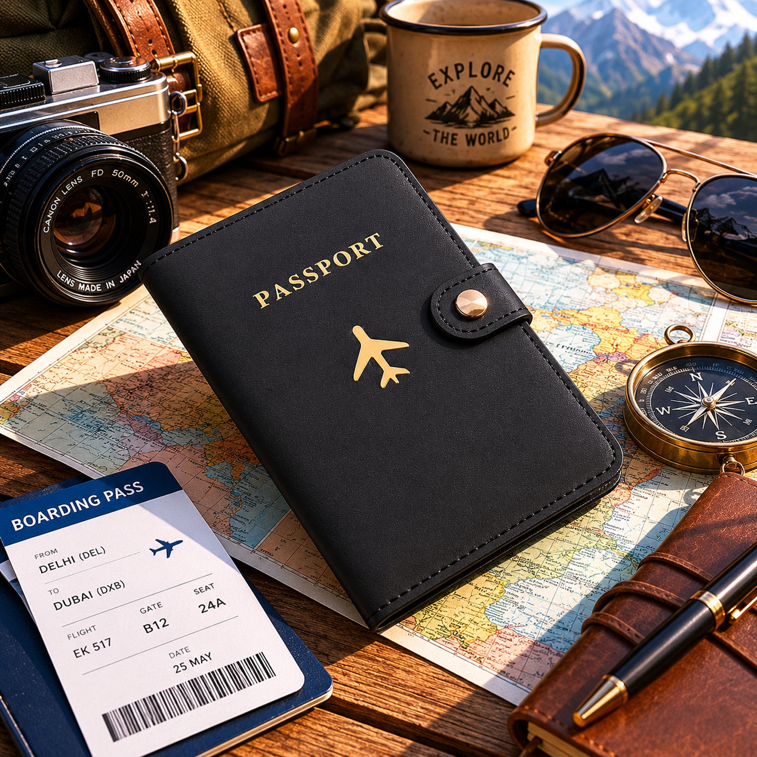 Wukusy mix travel passport holder wallet with multiple compartments, showing organized interior and sleek exterior design.