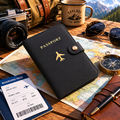 Wukusy mix travel passport holder wallet with multiple compartments, showing organized interior and sleek exterior design.