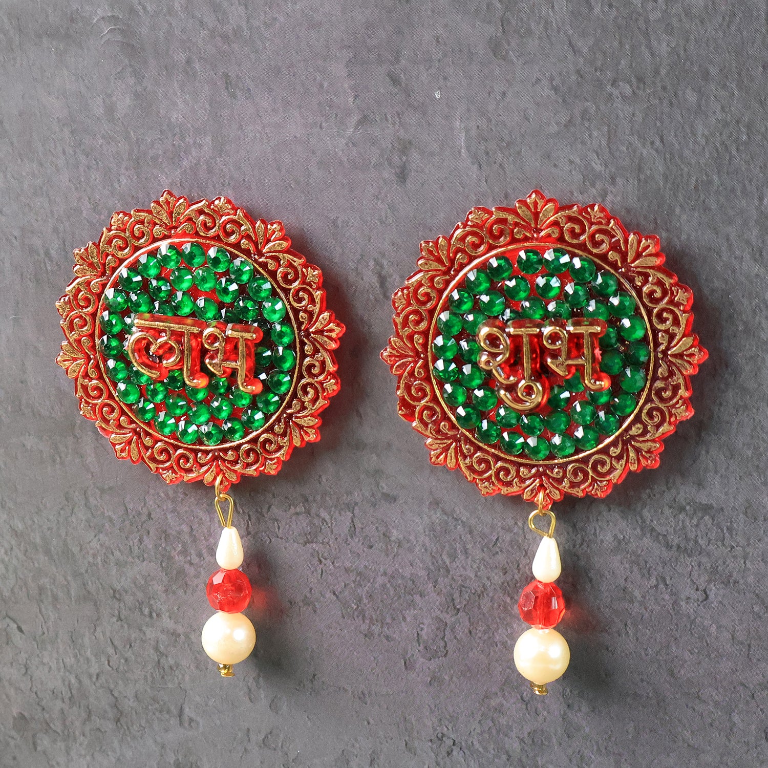 Wukusy Shubh Labh beaded decorative door hanging with traditional Indian motifs, set of 2 for home decor.