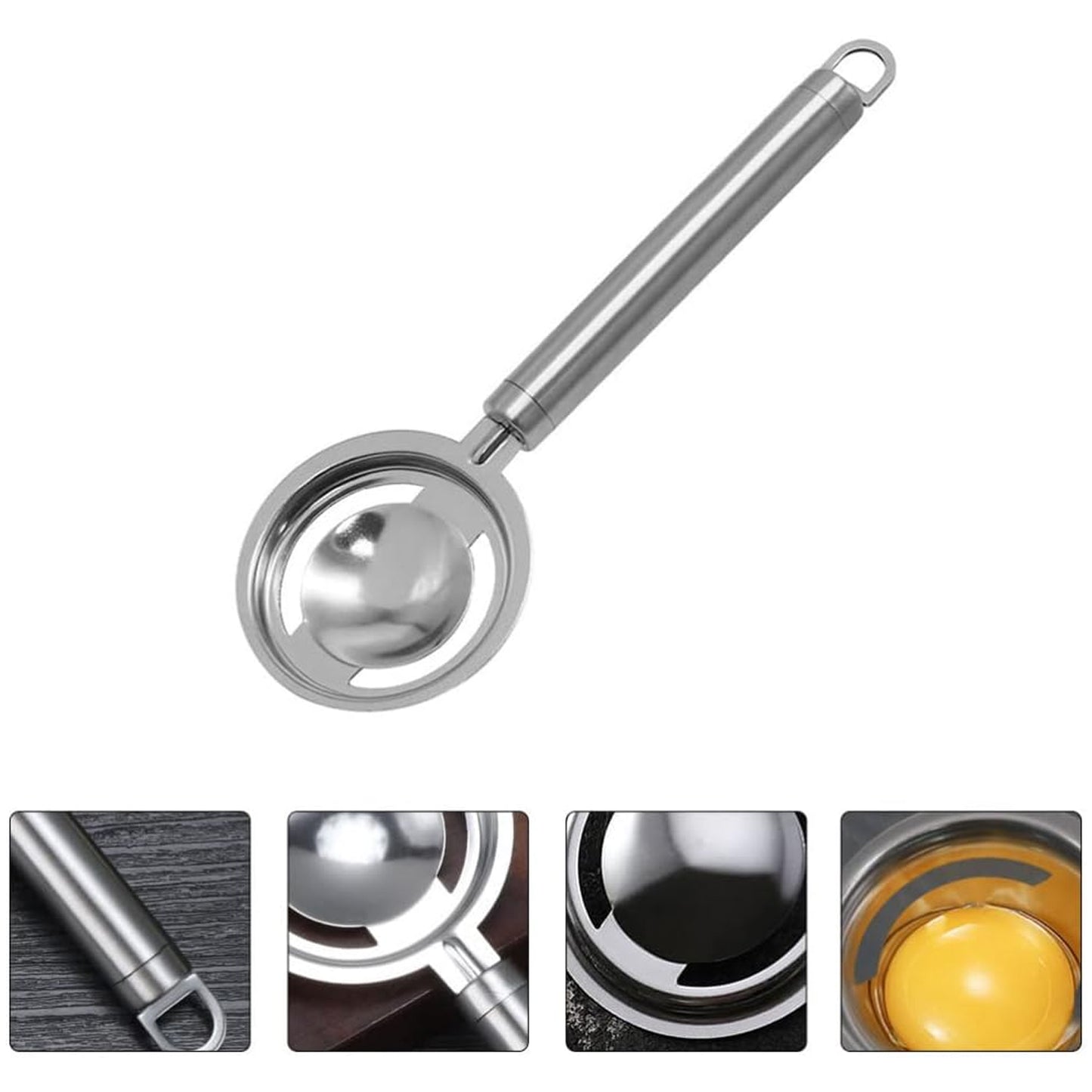 Wukusy stainless steel egg yolk and white separator tool in use, with a transparent funnel and spoon for separating eggs in the kitchen.