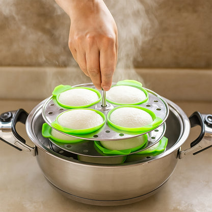 Set of 4 Wukusy food-grade silicone idli maker cups with non-stick surface for making idlis, dhokla, and eggs in home kitchen.