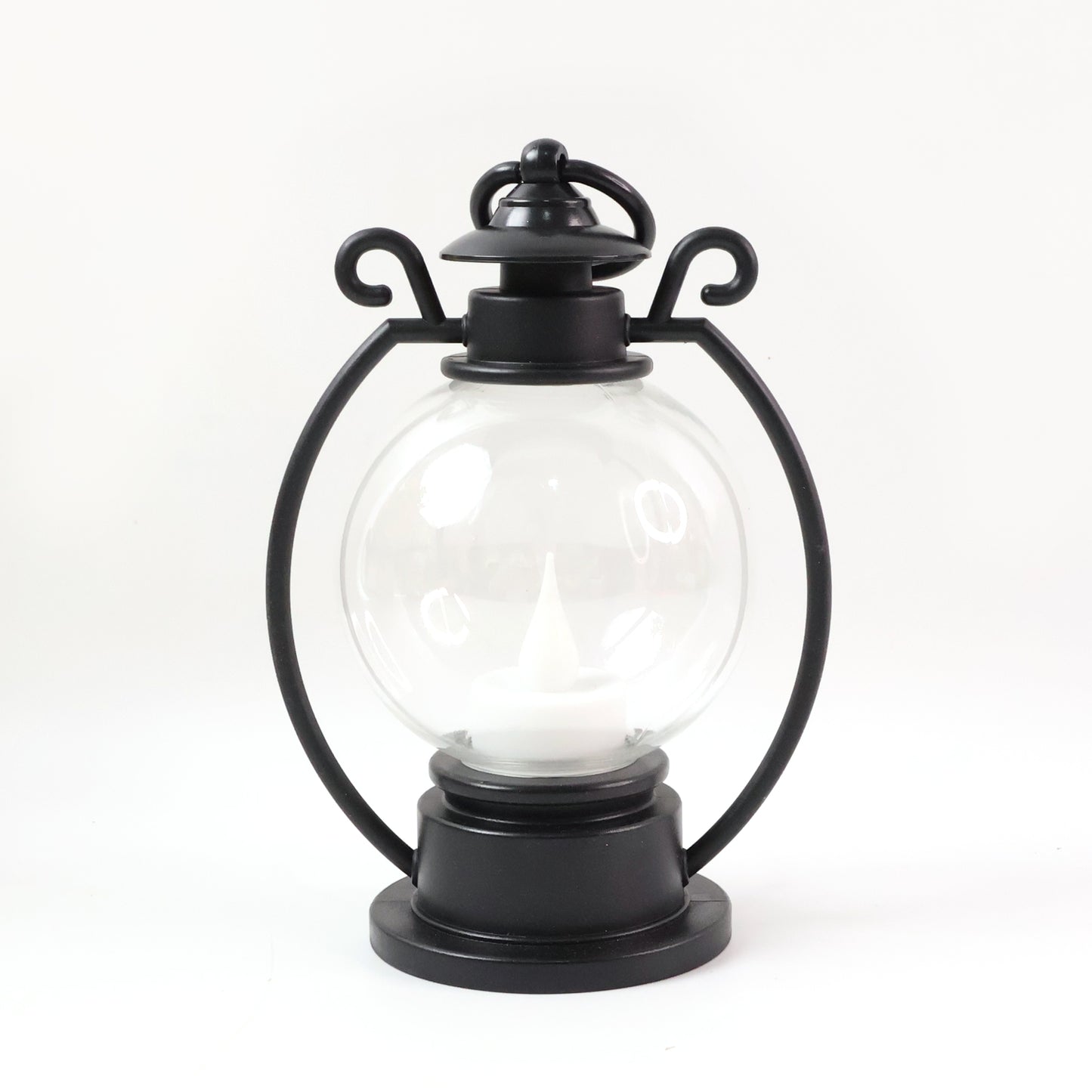 Wukusy LED Storm Lantern decorative light, black metal with glass panels, designed for outdoor or indoor ambiance lighting.