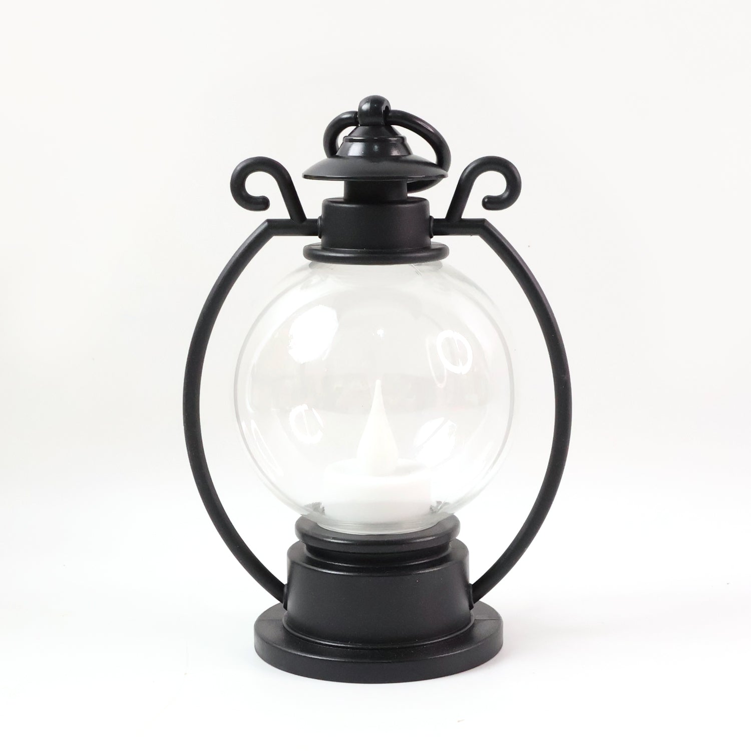 Wukusy LED Storm Lantern decorative light, black metal with glass panels, designed for outdoor or indoor ambiance lighting.