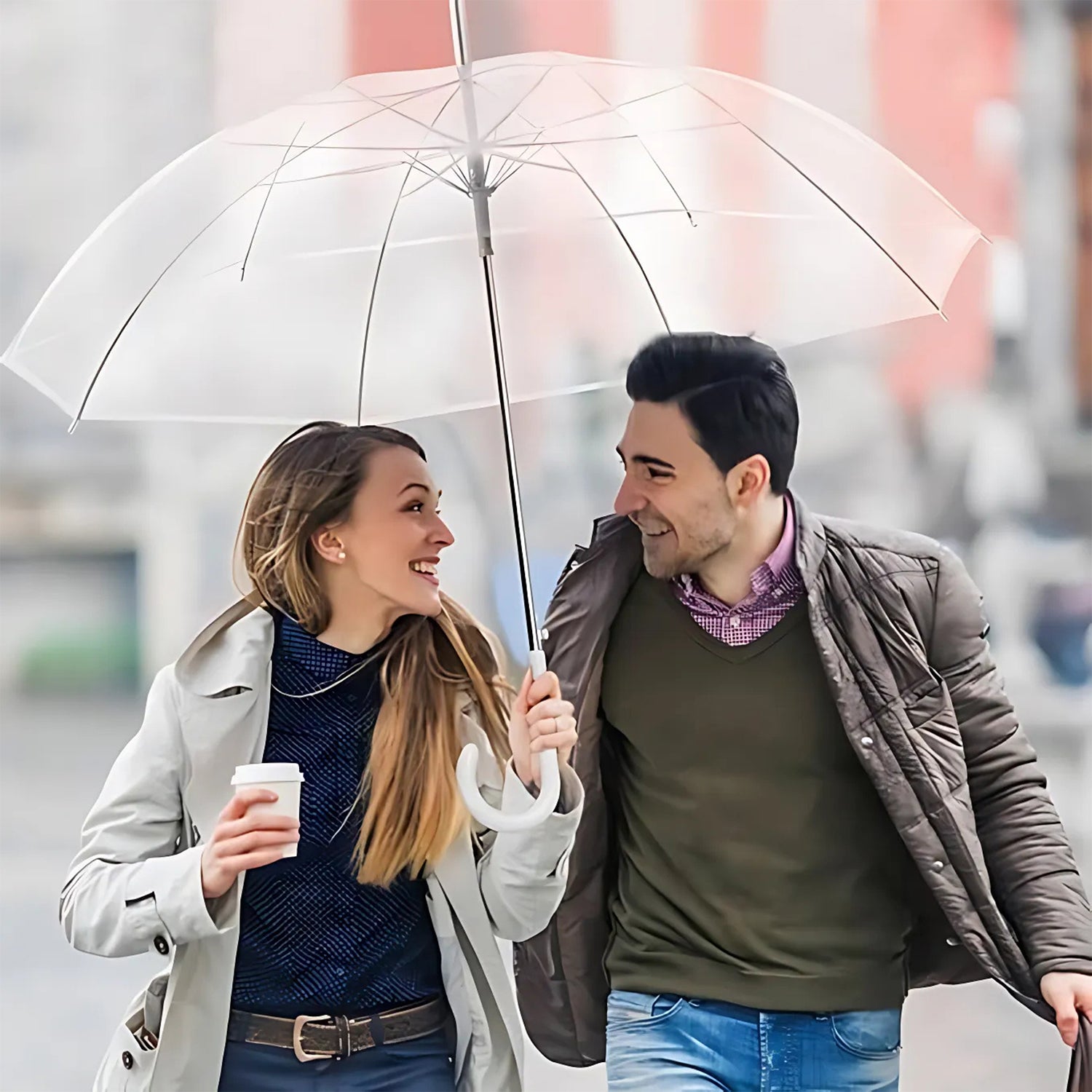 Wukusy premium transparent dome umbrella with curved handle, showcasing clear waterproof canopy and stylish design.