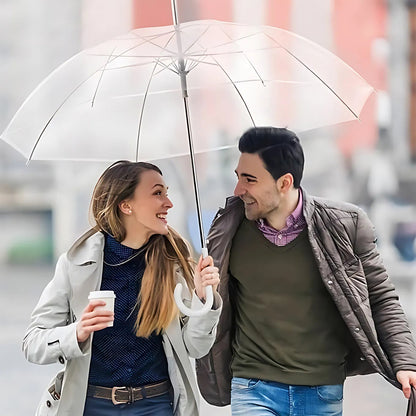 Wukusy premium transparent dome umbrella with curved handle, showcasing clear waterproof canopy and stylish design.