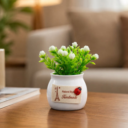 Mini artificial white flower bonsai in ceramic pot by Wukusy, ideal for home decor.