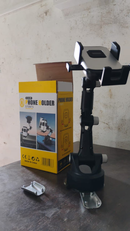 Wukusy adjustable long-arm suction cup car phone holder attached to a dashboard holding a smartphone