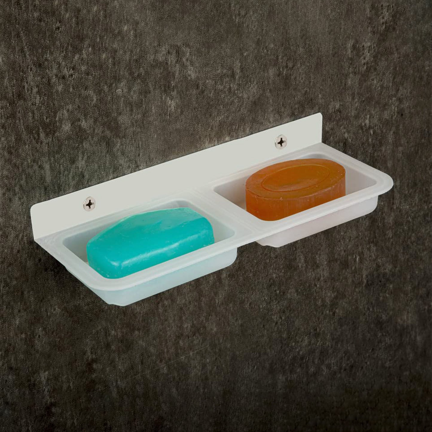 Wall-mounted double compartment soap and sponge holder by Wukusy, made of durable material, mounted on bathroom wall.