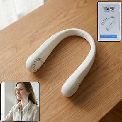 White portable rechargeable neck fan by Wukusy with adjustable airflow for personal cooling.