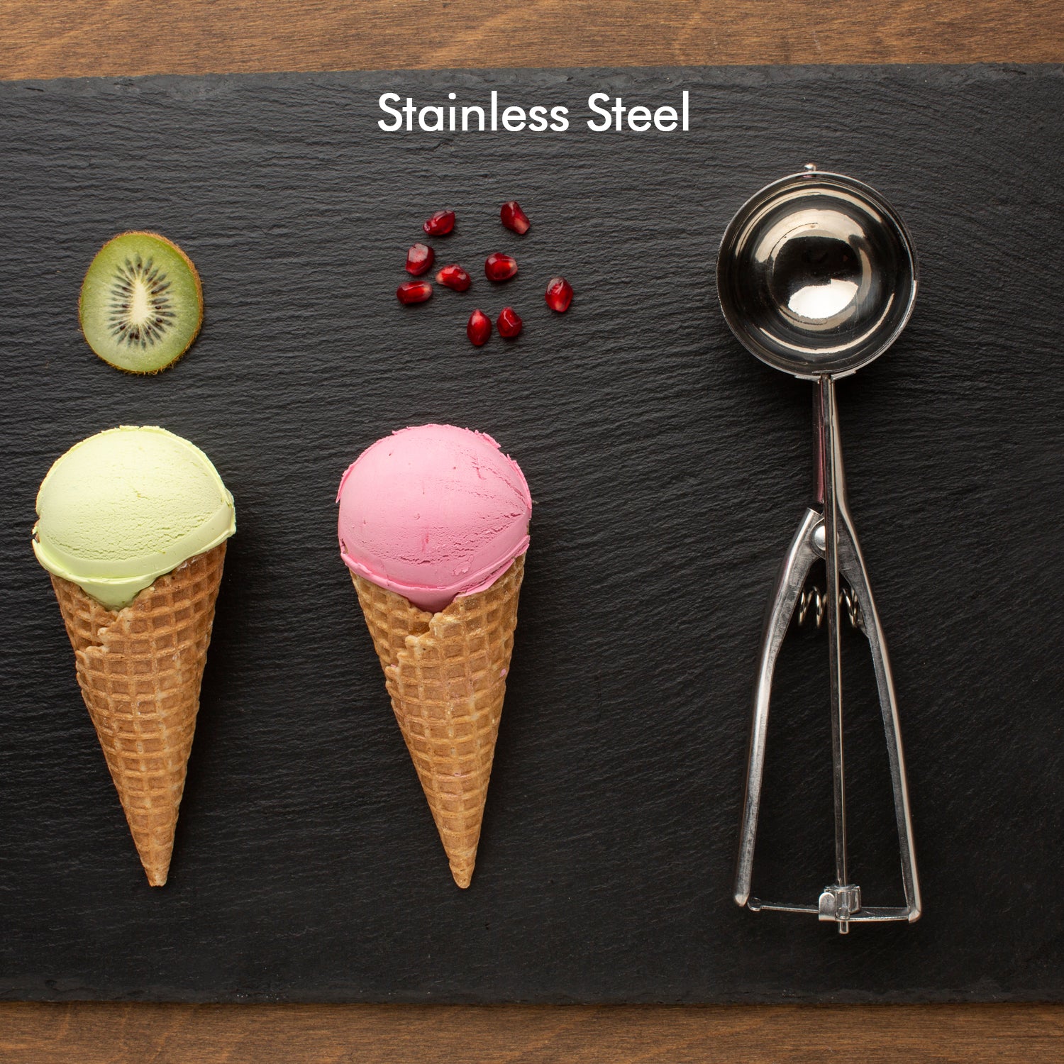Wukusy 2418 stainless steel ice cream serving scoop with trigger release and ergonomic handle for easy ice cream scooping.