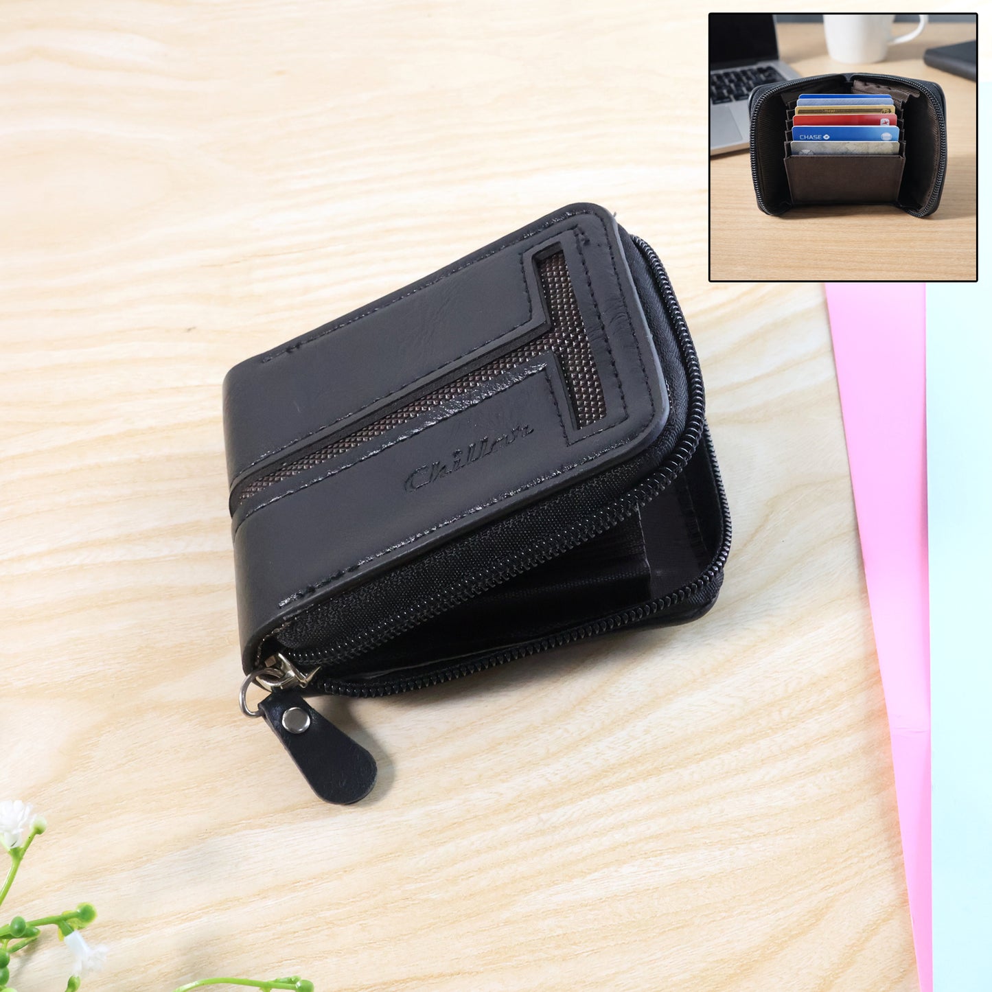 Wukusy compact zip-around card holder wallet for men and women, showing sleek leather design with multiple card slots.