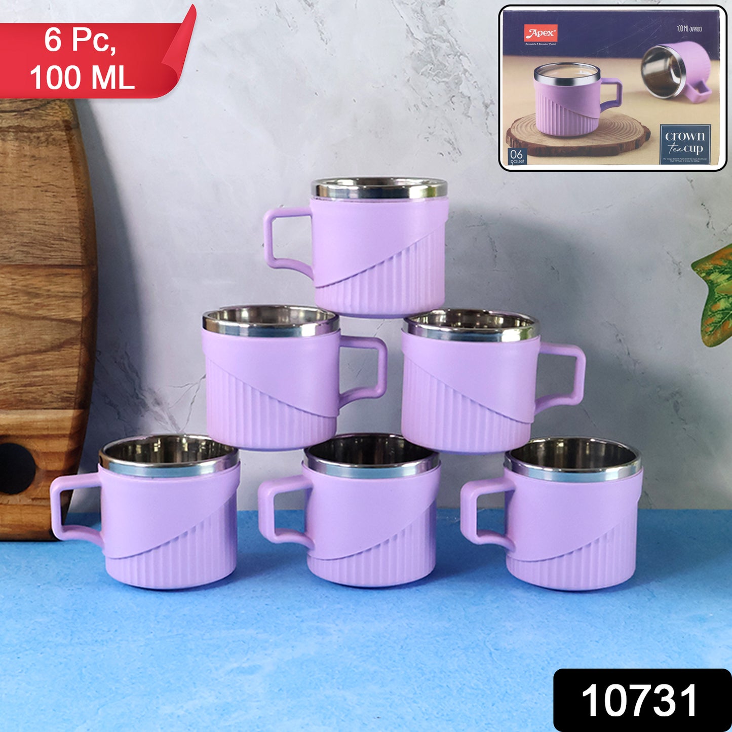 Wukusy Apex Sturdy Tea and Coffee Cups set of 6, ceramic cups with handles, arranged on a table, ideal for hot beverages.
